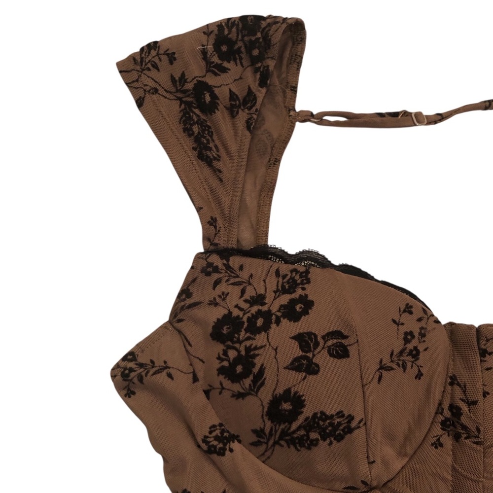 Y2K Chocolate Brown Corset Bustier Top with Black Floral Embroidery Size M - Picture 5 of 7